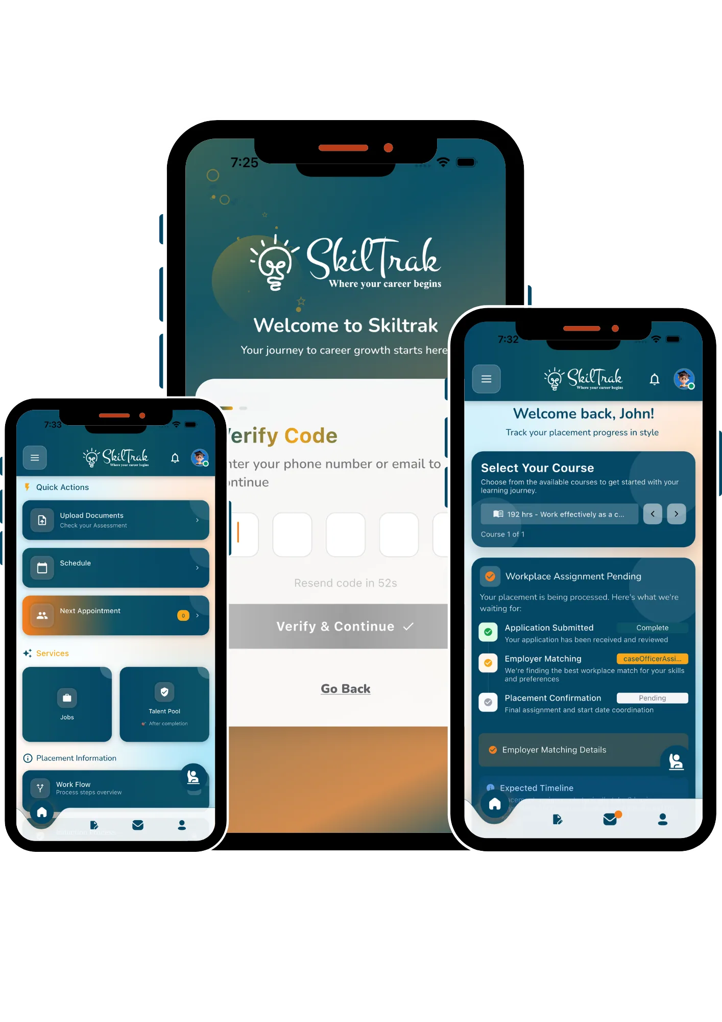 SkilTrak mobile app dashboard showing placements and training records